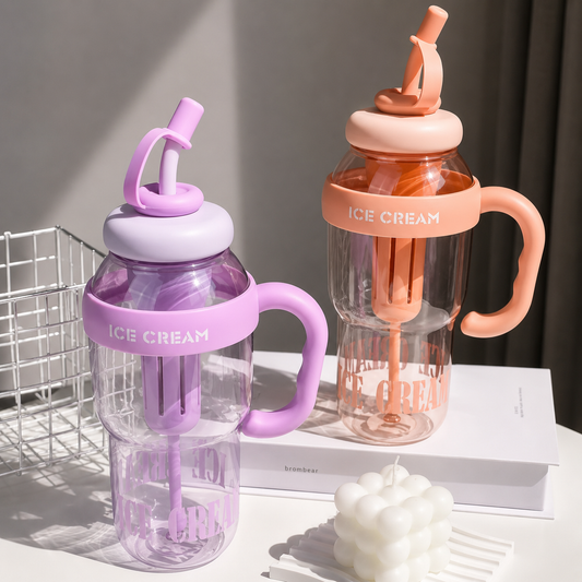 1400ml Ice Cream Water Bottle with Straw Kawaii Jumbo Smoothie, Milkshake & Cold Drink Tumbler