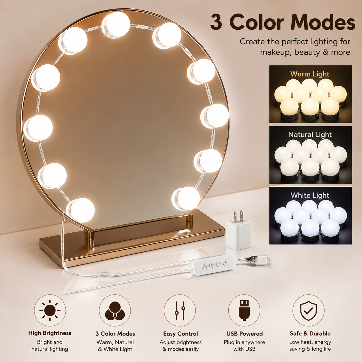 3 Color Modes Vanity Lights with 10 LED Bulbs Hollywood Style Dimmable Makeup Mirror Lights, USB Powered Bathroom & Dressing Table Lighting Kit