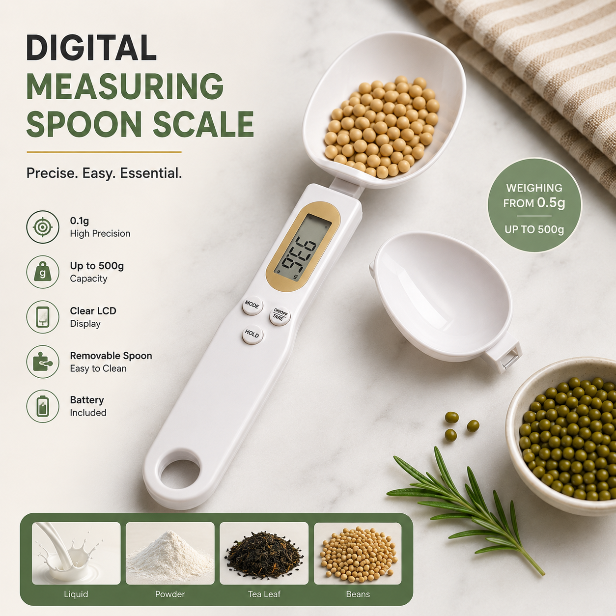 Digital Measuring Spoon Scale High Precision Electronic Kitchen Food Scale 500g/0.1g for Cooking, Baking & Coffee