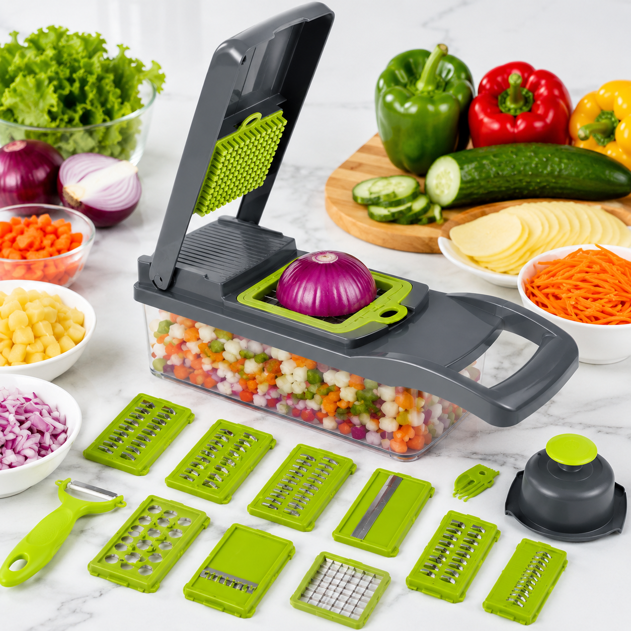 16 in 1 Multifunction Vegetable Cutter & Mandoline Slicer Food Chopper, Onion Dicer, Grater & Kitchen Vegetable Slicer Set