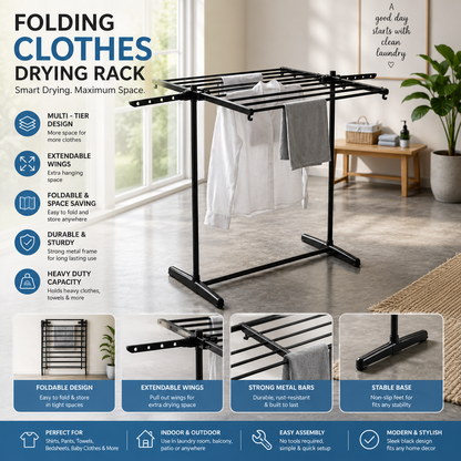 Folding Clothes Drying Rack | Multi-Tier Laundry Drying Stand | Collapsible Indoor & Outdoor Clothes Airer | Space Saving Drying Organizer