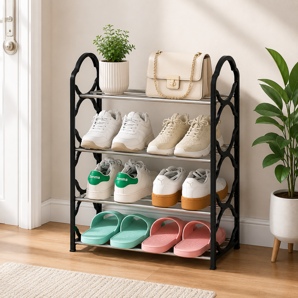 4-Tier Shoe Rack with Dustproof Cover | Space Saving Shoe Organizer | Portable Shoe Storage Cabinet | Metal & Plastic Shoe Stand for Home