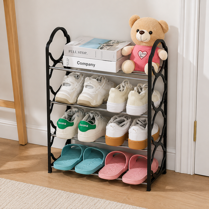 4-Tier Shoe Rack with Dustproof Cover | Space Saving Shoe Organizer | Portable Shoe Storage Cabinet | Metal & Plastic Shoe Stand for Home