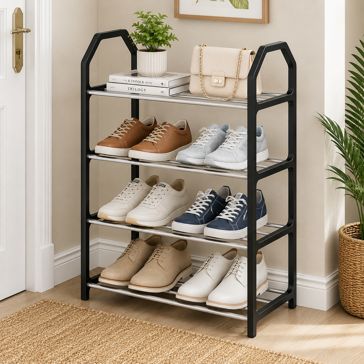 4-Tier Shoe Rack with Dustproof Cover | Space Saving Shoe Organizer | Portable Shoe Storage Cabinet | Metal & Plastic Shoe Stand for Home