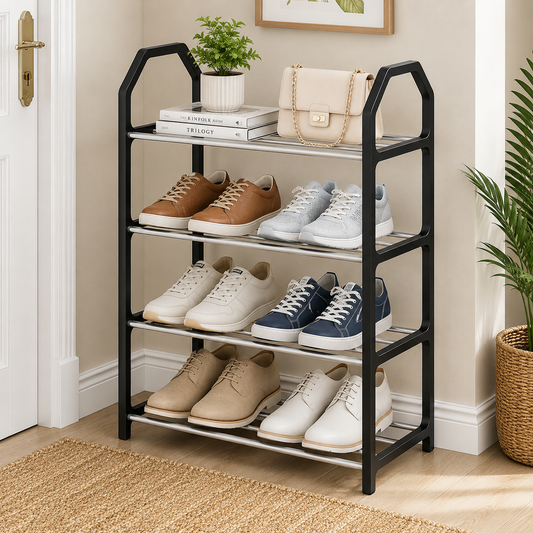 4-Tier Shoe Rack with Dustproof Cover | Space Saving Shoe Organizer | Portable Shoe Storage Cabinet | Metal & Plastic Shoe Stand for Home