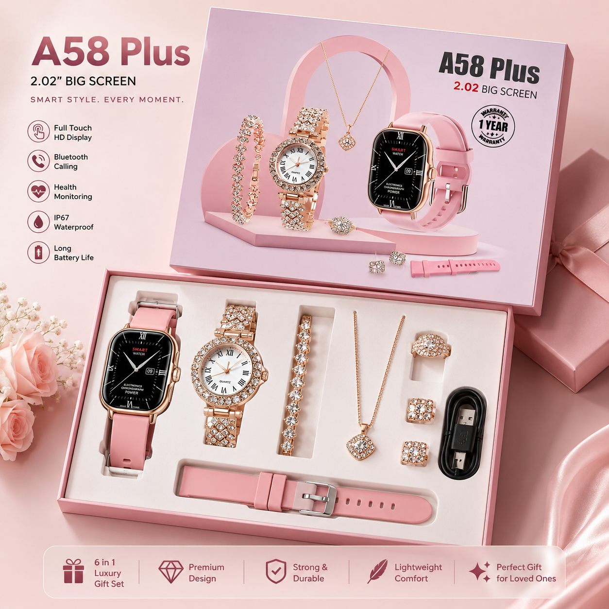 A58 Plus 6 in 1 - Smartwatch For Women | Best Quality Smart Watch For Girls | Perfect For Gift - Random Color