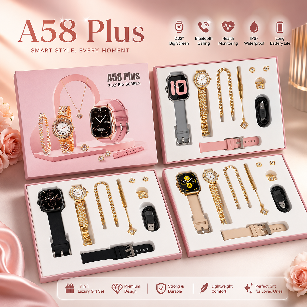 A58 Plus 6 in 1 - Smartwatch For Women | Best Quality Smart Watch For Girls | Perfect For Gift - Random Color