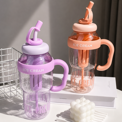 1400ml Ice Cream Water Bottle with Straw Kawaii Jumbo Smoothie, Milkshake & Cold Drink Tumbler