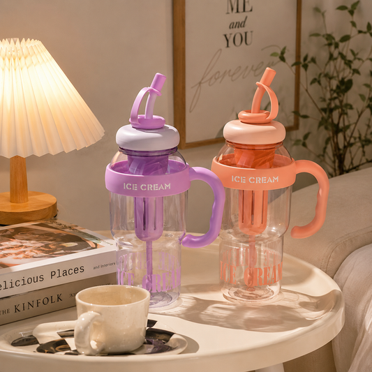 1400ml Ice Cream Water Bottle with Straw Kawaii Jumbo Smoothie, Milkshake & Cold Drink Tumbler