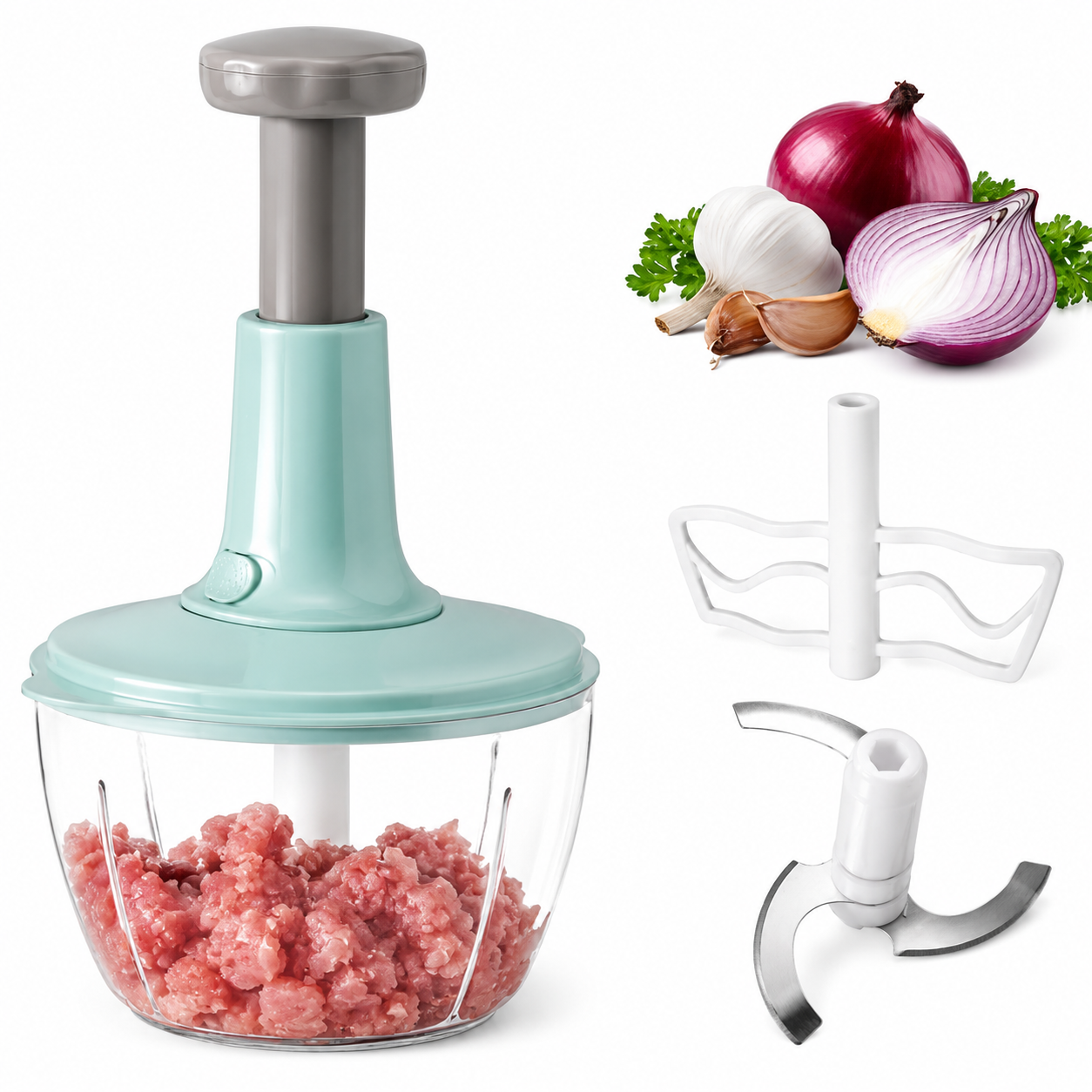 1.5L Hand Press Food Chopper – Manual Vegetable Cutter, Onion Chopper, Garlic Mincer & Multi Purpose Kitchen Food Processor