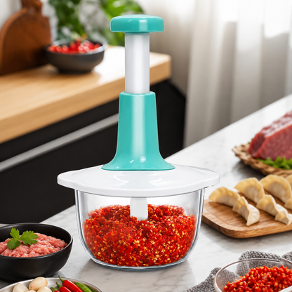 1.5L Hand Press Food Chopper – Manual Vegetable Cutter, Onion Chopper, Garlic Mincer & Multi Purpose Kitchen Food Processor