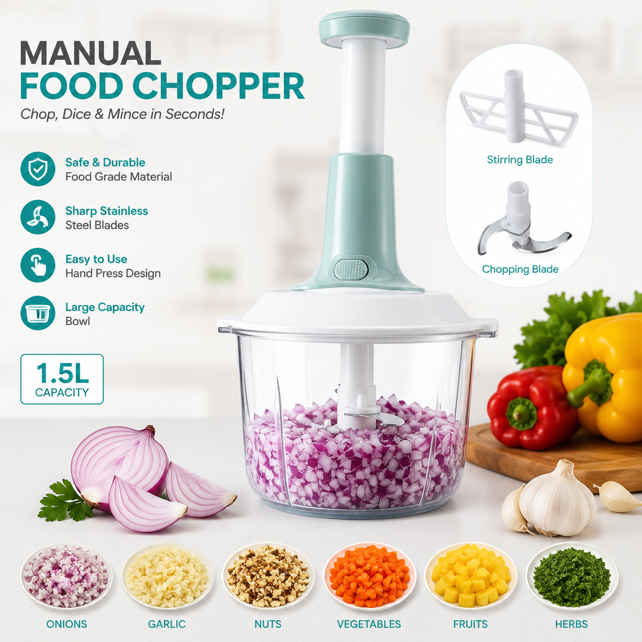 1.5L Hand Press Food Chopper – Manual Vegetable Cutter, Onion Chopper, Garlic Mincer & Multi Purpose Kitchen Food Processor