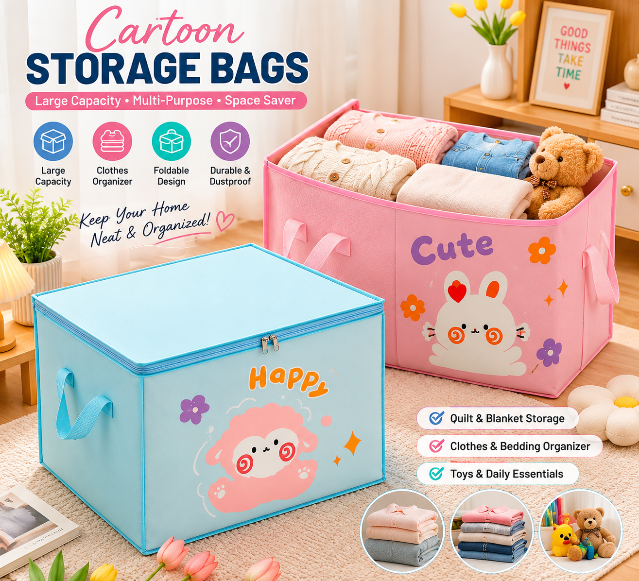 Cartoon Quilt Storage Bag – Large Capacity Clothes, Blanket & Toy Organizer with Handle