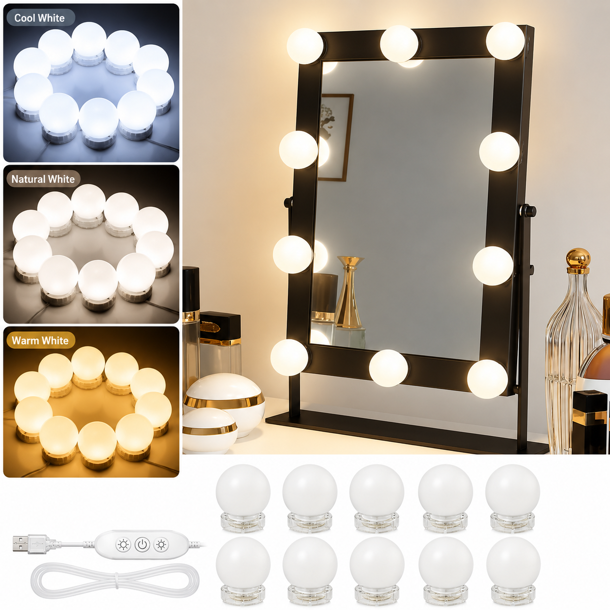 3 Color Modes Vanity Lights with 10 LED Bulbs Hollywood Style Dimmable Makeup Mirror Lights, USB Powered Bathroom & Dressing Table Lighting Kit