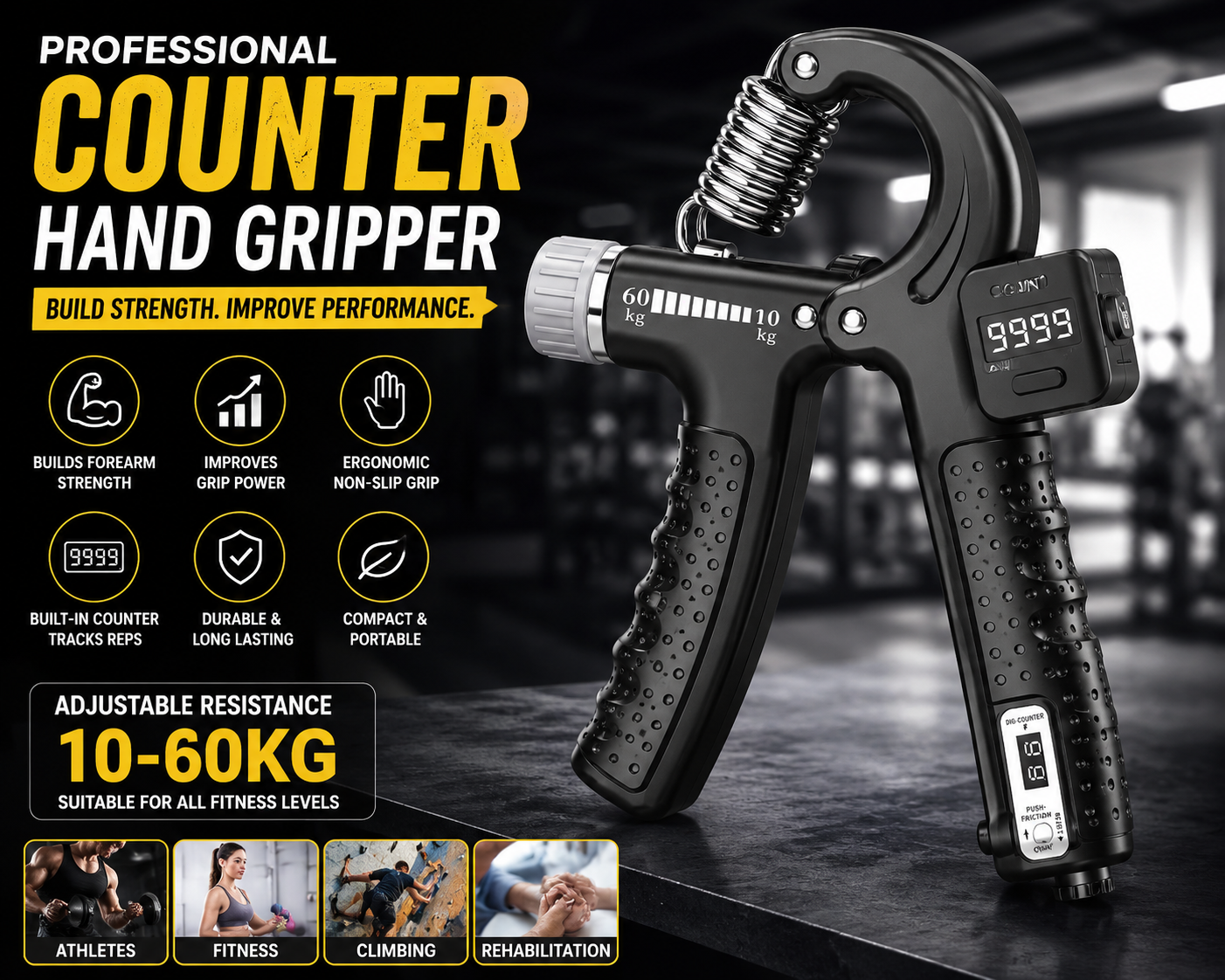 Professional Counter Hand Gripper Adjustable Resistance 10-60KG Digital Grip Strength Trainer for Forearm, Wrist & Finger Exercise