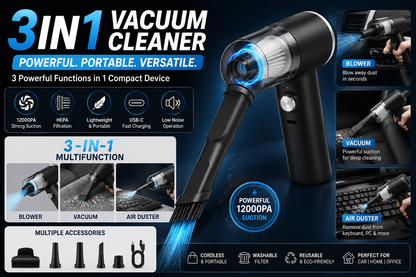 3 in 1 Cordless Vacuum Cleaner Portable Handheld Car Vacuum, Air Duster & Blower with Powerful Suction, USB Rechargeable