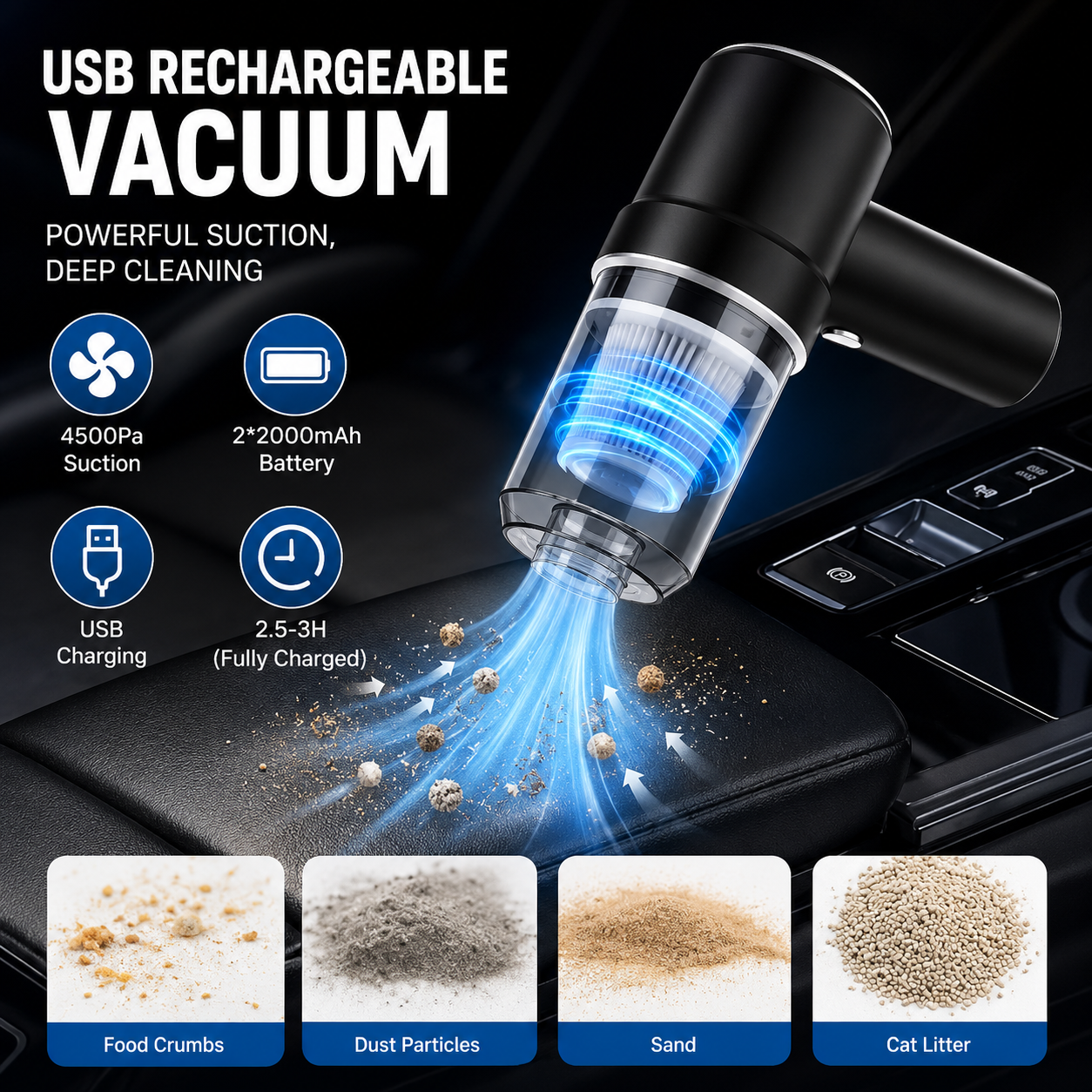 3 in 1 Cordless Vacuum Cleaner Portable Handheld Car Vacuum, Air Duster & Blower with Powerful Suction, USB Rechargeable