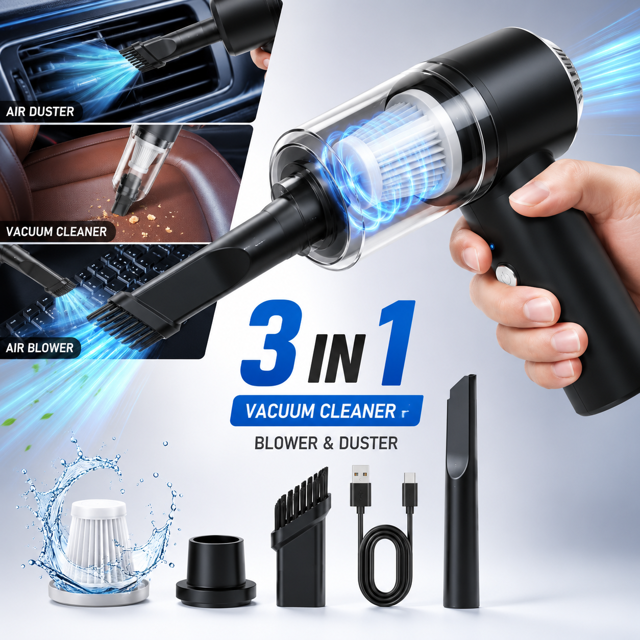 3 in 1 Cordless Vacuum Cleaner Portable Handheld Car Vacuum, Air Duster & Blower with Powerful Suction, USB Rechargeable
