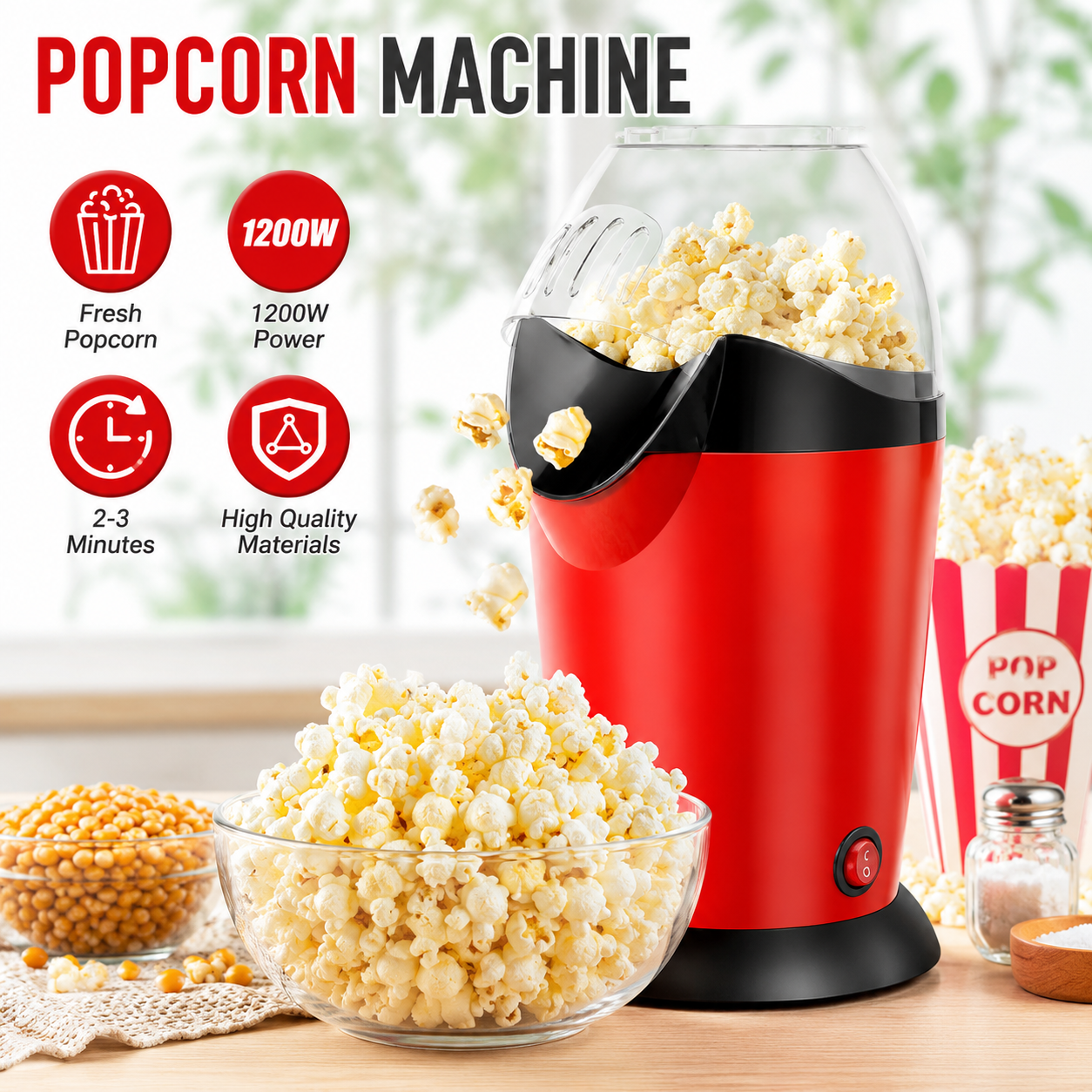 Hot Air Popcorn Maker Machine  Electric Oil Free Popcorn Popper for Home, Quick & Healthy Snack Maker