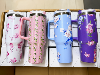Stainless Steel Vacuum Insulated Travel Tumbler with Lid Double Wall Thermal Coffee Mug, Leakproof Car Cup, Floral Flower Design, Hot & Cold Drink Flask