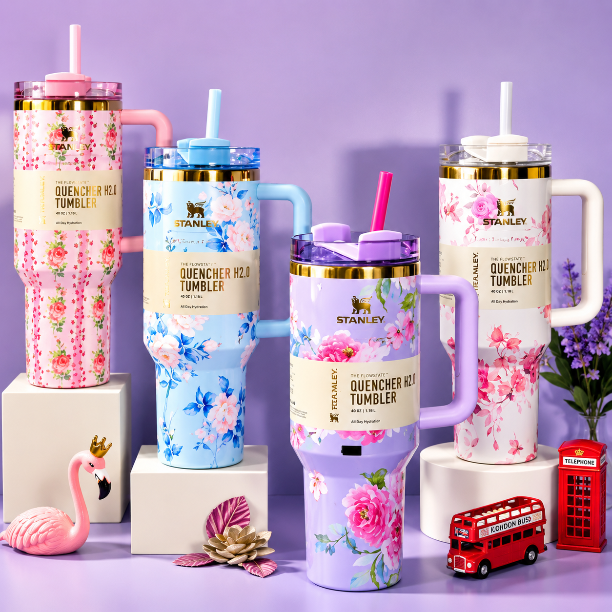 Stainless Steel Vacuum Insulated Travel Tumbler with Lid Double Wall Thermal Coffee Mug, Leakproof Car Cup, Floral Flower Design, Hot & Cold Drink Flask