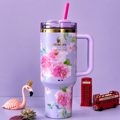 Stainless Steel Vacuum Insulated Travel Tumbler with Lid Double Wall Thermal Coffee Mug, Leakproof Car Cup, Floral Flower Design, Hot & Cold Drink Flask