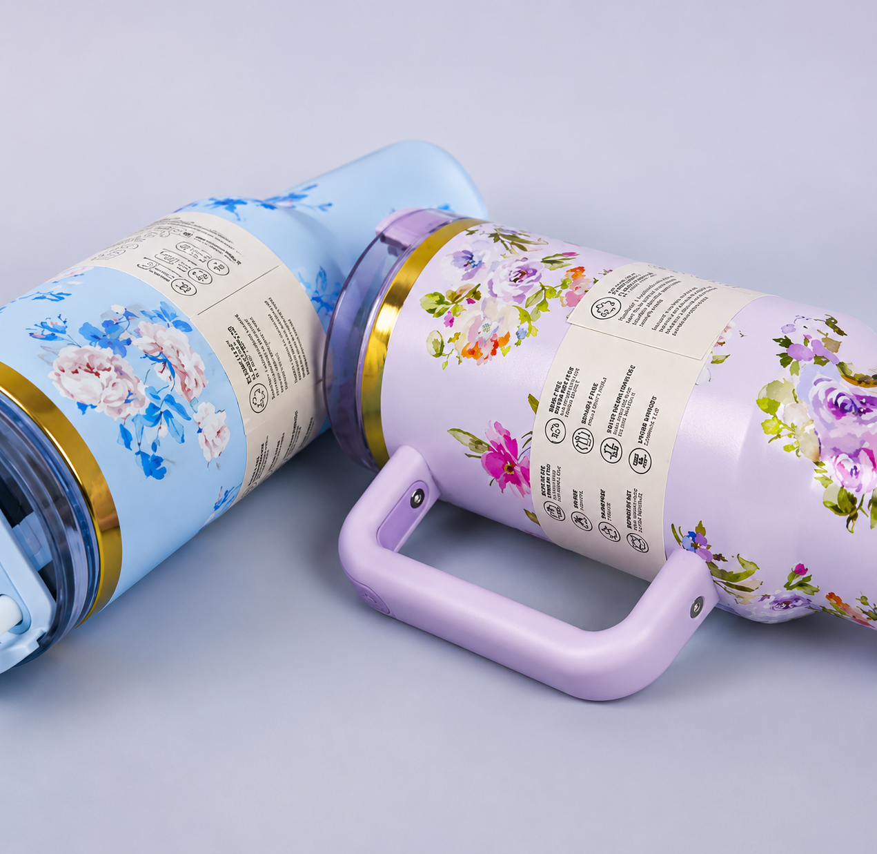 Stainless Steel Vacuum Insulated Travel Tumbler with Lid Double Wall Thermal Coffee Mug, Leakproof Car Cup, Floral Flower Design, Hot & Cold Drink Flask