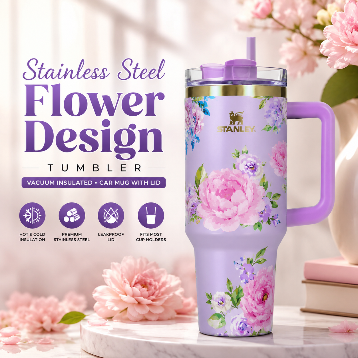 Stainless Steel Vacuum Insulated Travel Tumbler with Lid Double Wall Thermal Coffee Mug, Leakproof Car Cup, Floral Flower Design, Hot & Cold Drink Flask