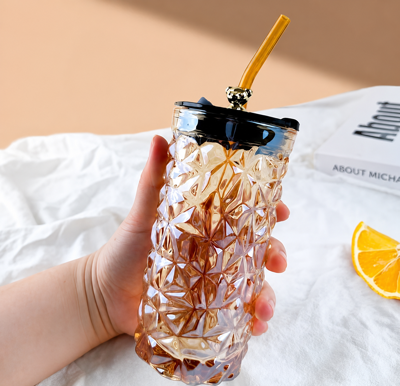450ml Glass Mason Jar Tumbler with Straw & Silver Bear Lid Cute Drinking Cup for Iced Coffee, Bubble Tea, Juice & Smoothies