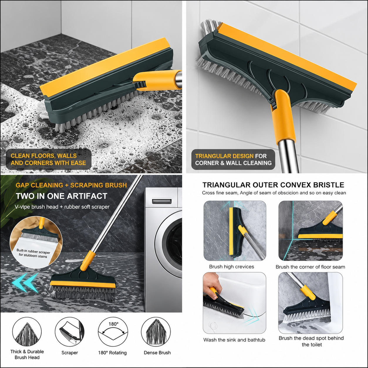 2 in 1 Floor Cleaning Brush Bathroom Tile Windows Floor Cleaning Brush with 120° Rotatable Head - Multipurpose Bathroom Floor Cleaning Brush - Floor Brush Scrubber - Without Box | Floor Cleaning Brush