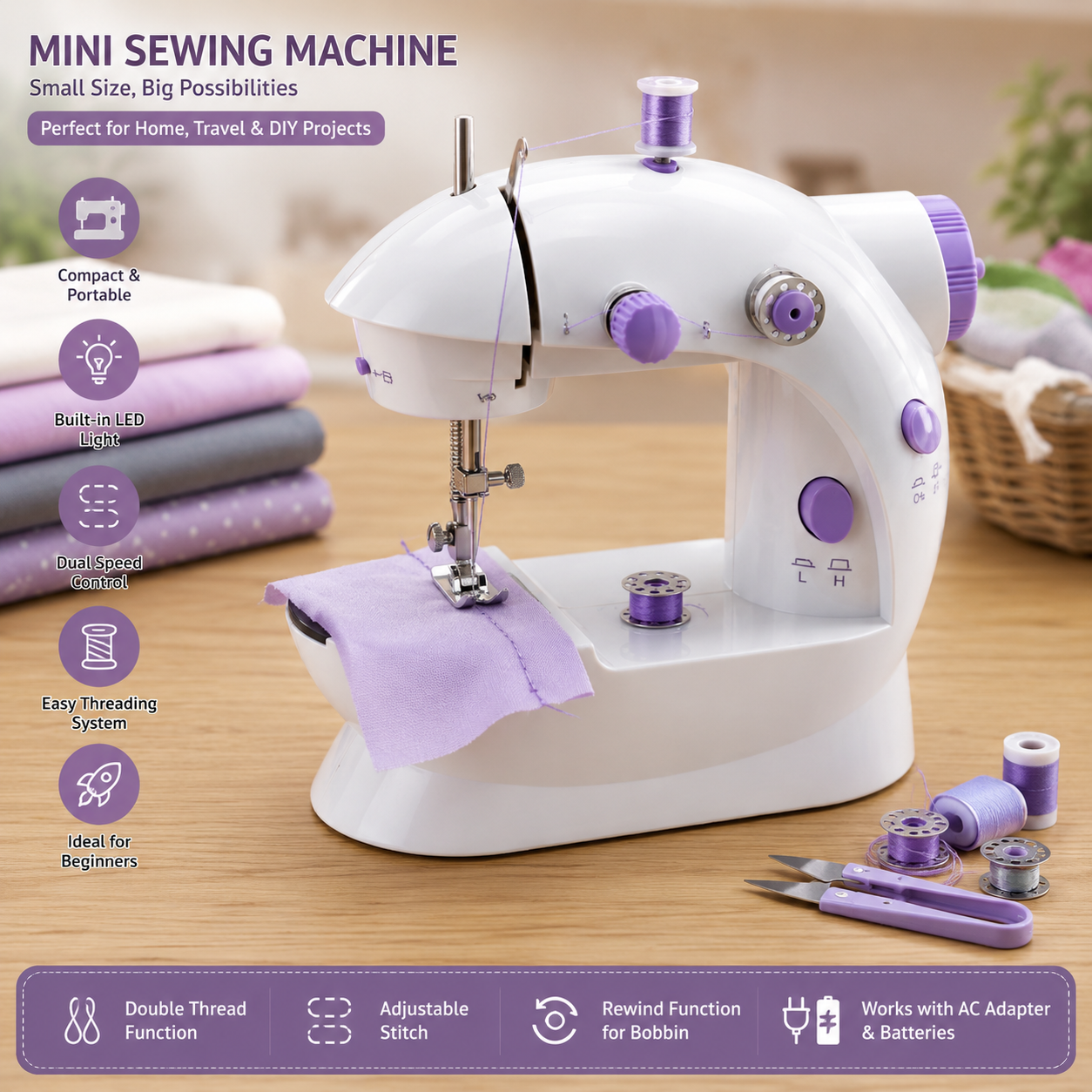 Mini Portable Sewing Machine with Dual Speed & LED Light | Electric Household Sewing Machine for Beginners, DIY Crafts & Home Repair