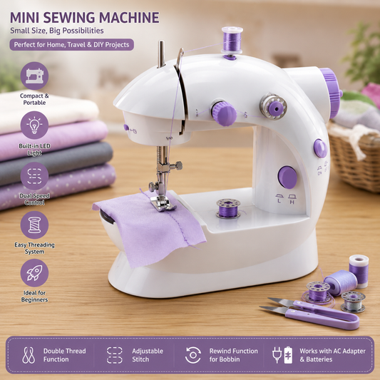 Mini Portable Sewing Machine with Dual Speed & LED Light | Electric Household Sewing Machine for Beginners, DIY Crafts & Home Repair
