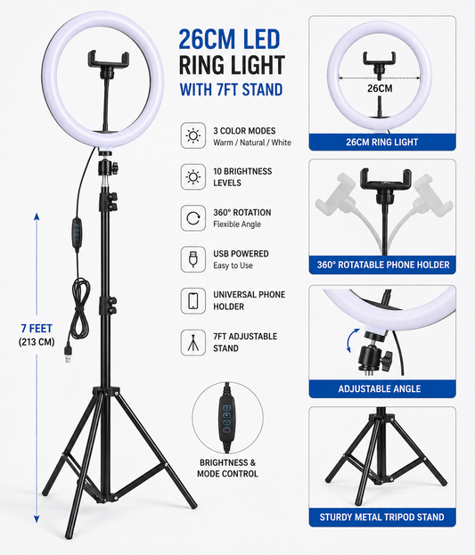 26CM LED Ring Light with Phone Holder & 7Ft Adjustable Tripod Stand | Dimmable Ring Light for Video Shooting, Photography, Live Streaming, Makeup & TikTok