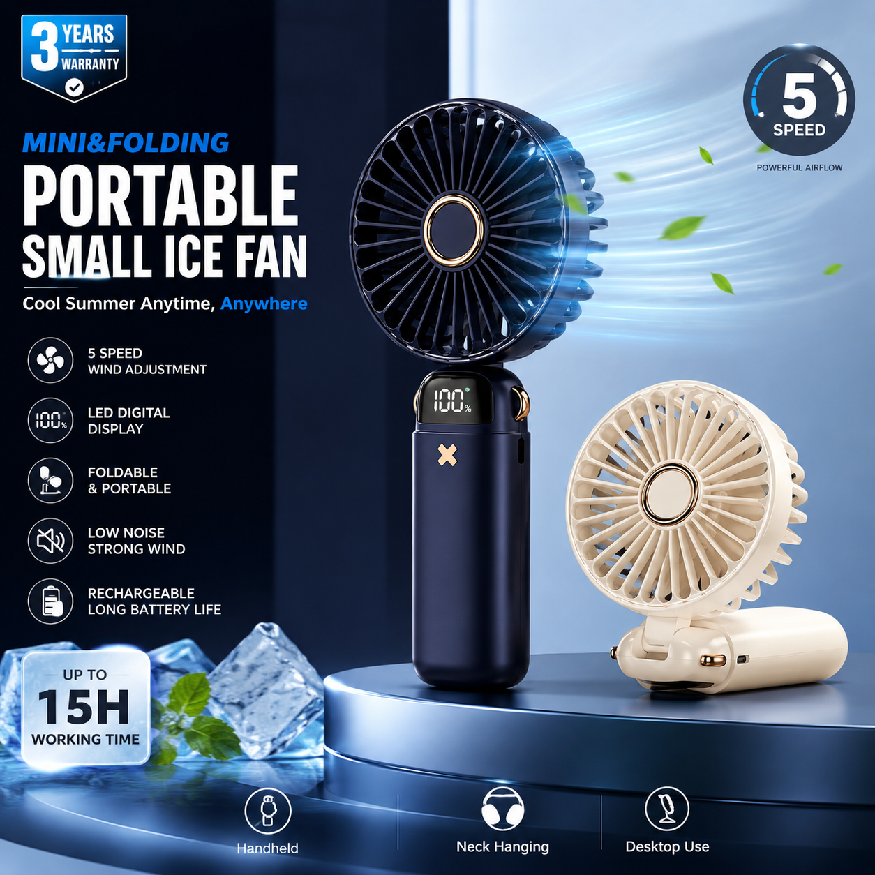 USB Mini Handheld Fan Rechargeable Portable Fan with LED Display 5 Speed Adjustable Cooling Fan for Office, Home, Travel & Outdoor Use