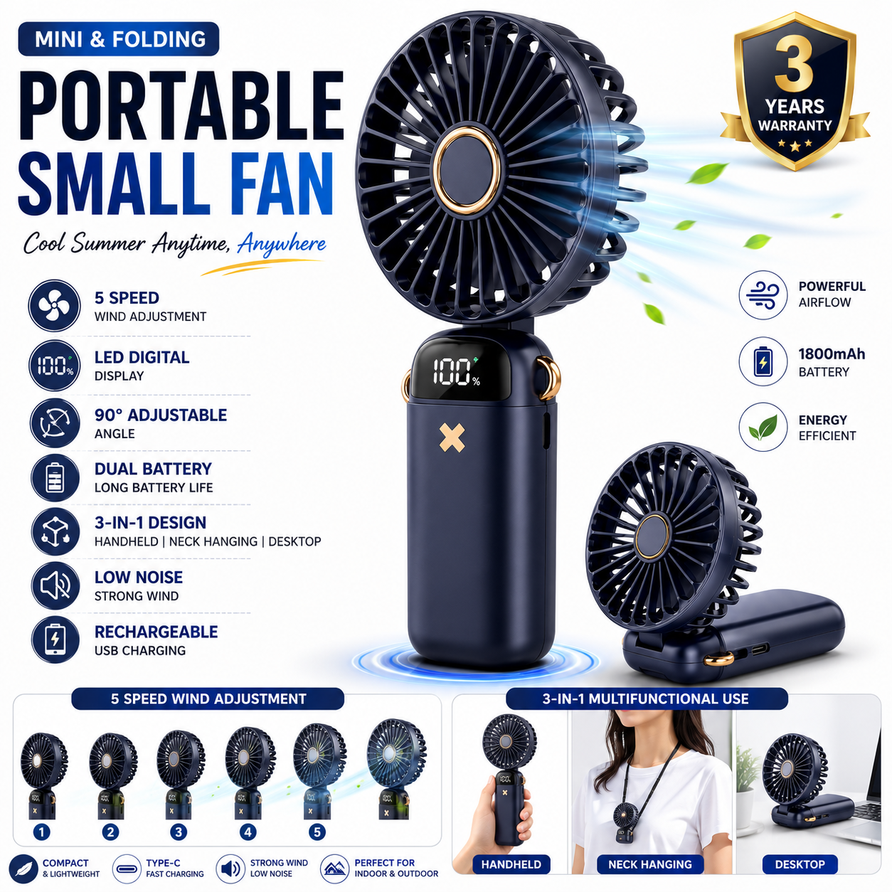 USB Mini Handheld Fan Rechargeable Portable Fan with LED Display 5 Speed Adjustable Cooling Fan for Office, Home, Travel & Outdoor Use