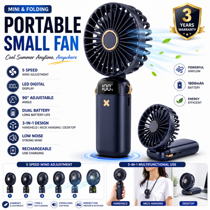 USB Mini Handheld Fan Rechargeable Portable Fan with LED Display 5 Speed Adjustable Cooling Fan for Office, Home, Travel & Outdoor Use