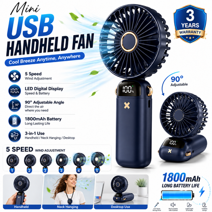 USB Mini Handheld Fan Rechargeable Portable Fan with LED Display 5 Speed Adjustable Cooling Fan for Office, Home, Travel & Outdoor Use