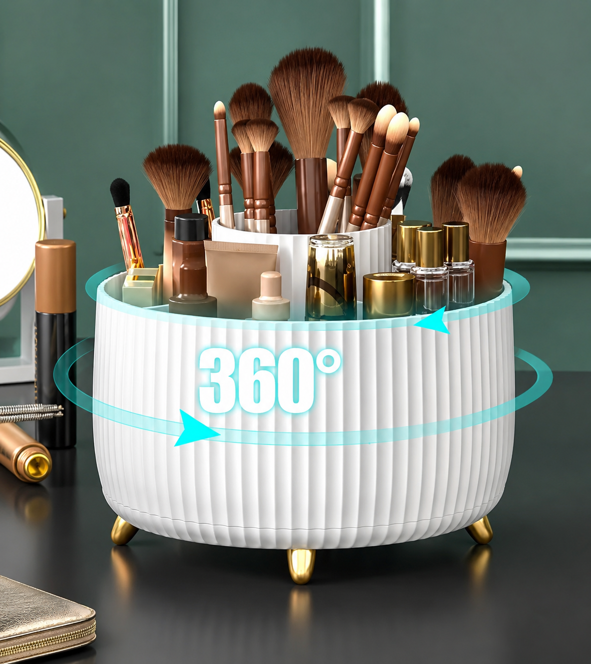 360° Rotating Makeup Brush Holder with Transparent Dust-Proof Lid Cosmetic Organizer Storage Box