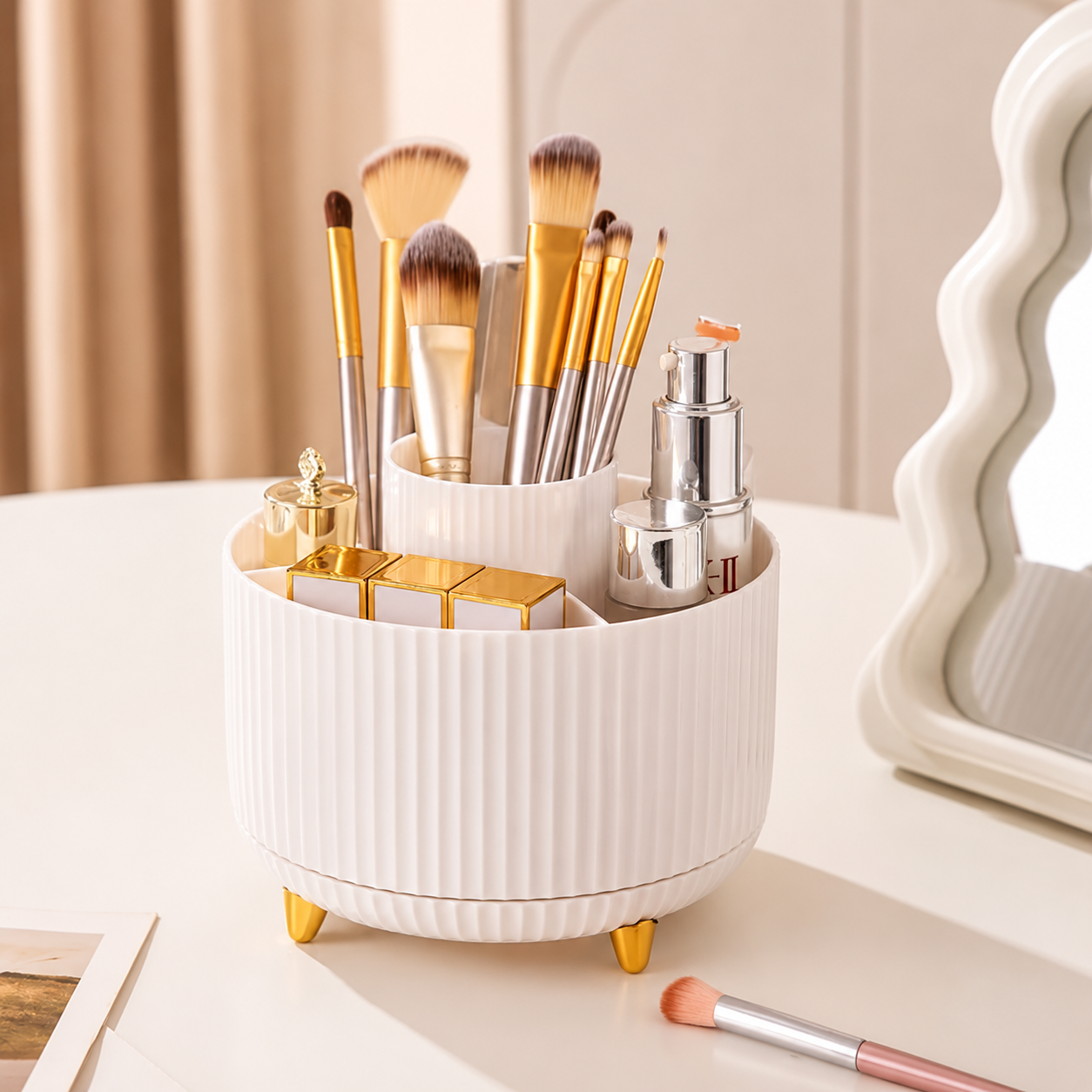 360° Rotating Makeup Brush Holder with Transparent Dust-Proof Lid Cosmetic Organizer Storage Box