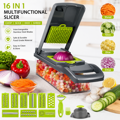 16 in 1 Multifunction Vegetable Cutter & Mandoline Slicer  Food Chopper, Onion Dicer, Grater & Kitchen Vegetable Slicer Set