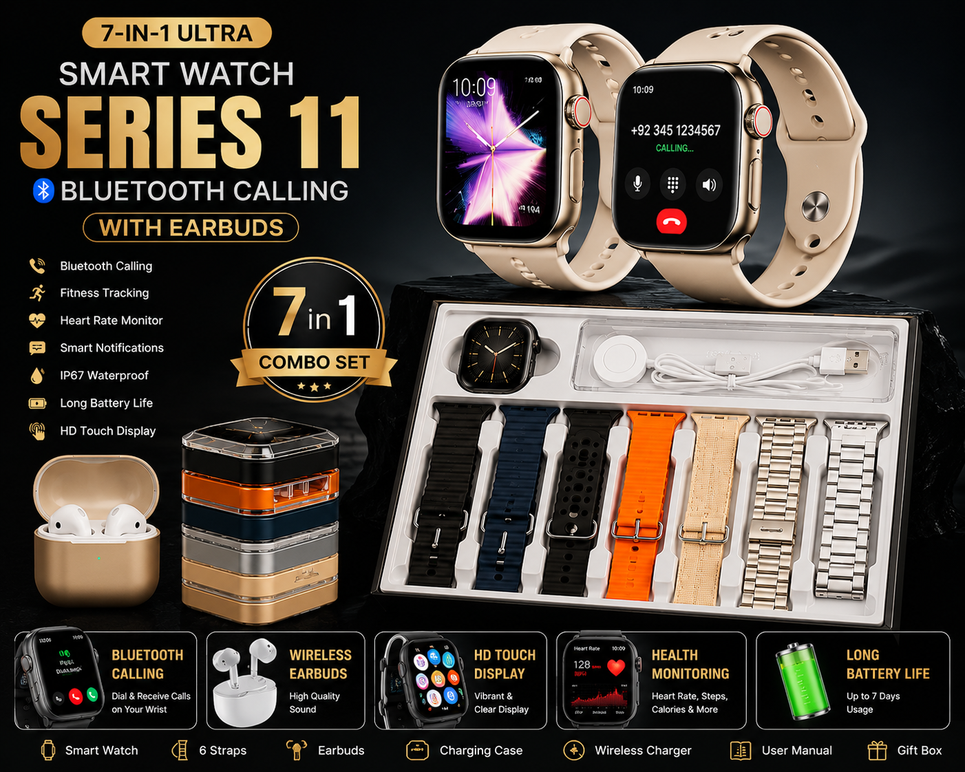 7 in 1 Ultra Smart Watch Series 11 with Bluetooth Calling & Wireless Earbuds Fitness Tracker, Heart Rate Monitor, HD Touchscreen Smartwatch