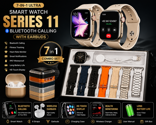 7 in 1 Ultra Smart Watch Series 11 with Bluetooth Calling & Wireless Earbuds Fitness Tracker, Heart Rate Monitor, HD Touchscreen Smartwatch