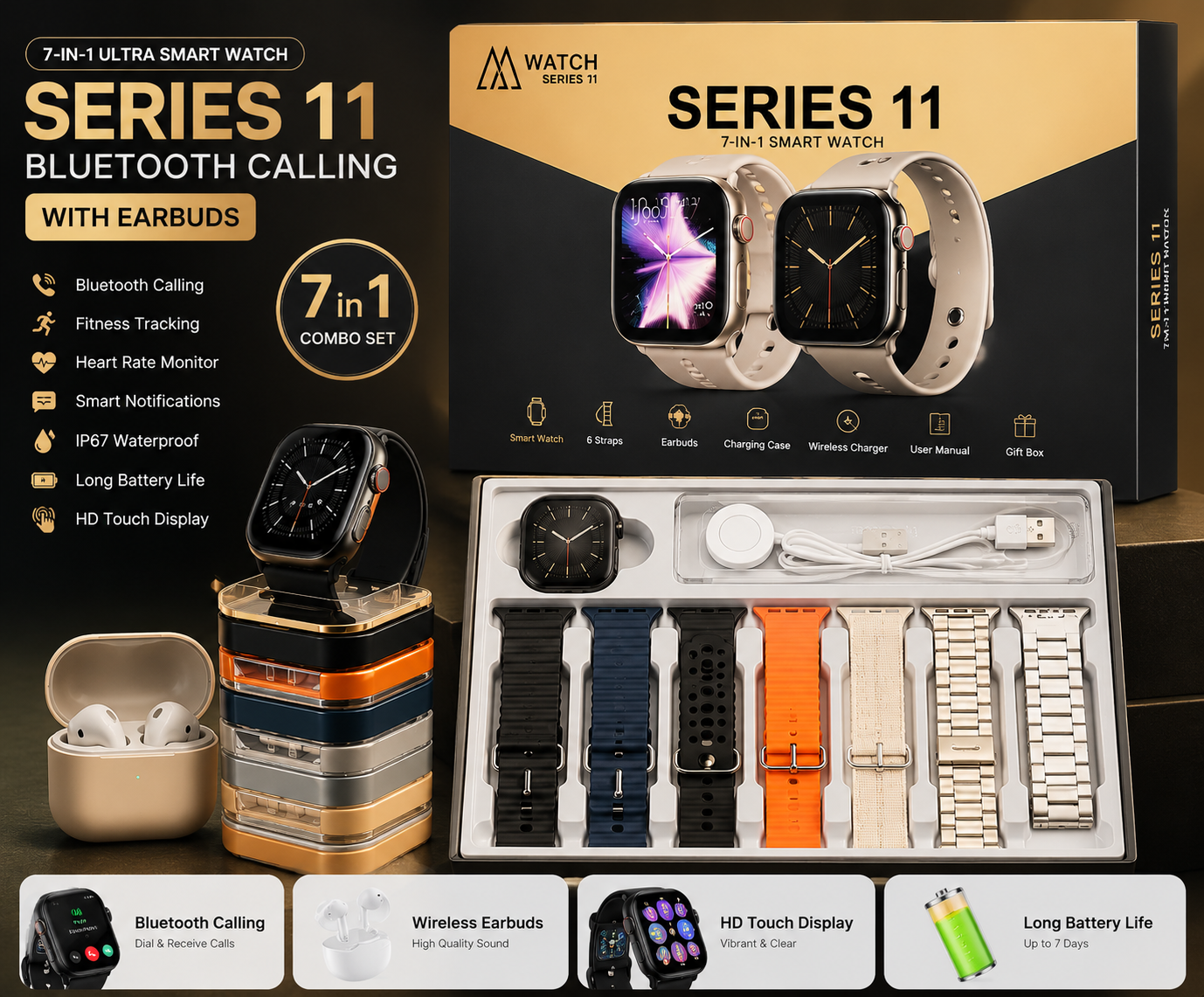 7 in 1 Ultra Smart Watch Series 11 with Bluetooth Calling & Wireless Earbuds Fitness Tracker, Heart Rate Monitor, HD Touchscreen Smartwatch