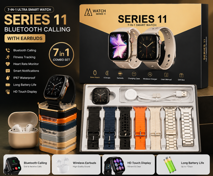 7 in 1 Ultra Smart Watch Series 11 with Bluetooth Calling & Wireless Earbuds Fitness Tracker, Heart Rate Monitor, HD Touchscreen Smartwatch