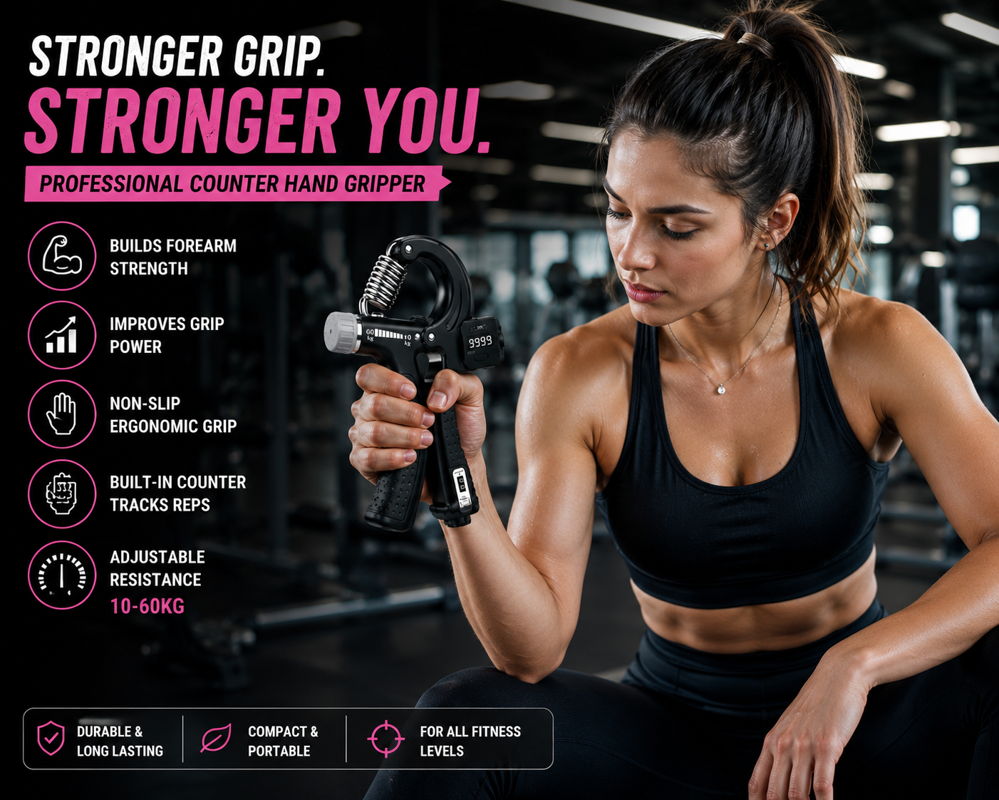 Professional Counter Hand Gripper Adjustable Resistance 10-60KG Digital Grip Strength Trainer for Forearm, Wrist & Finger Exercise