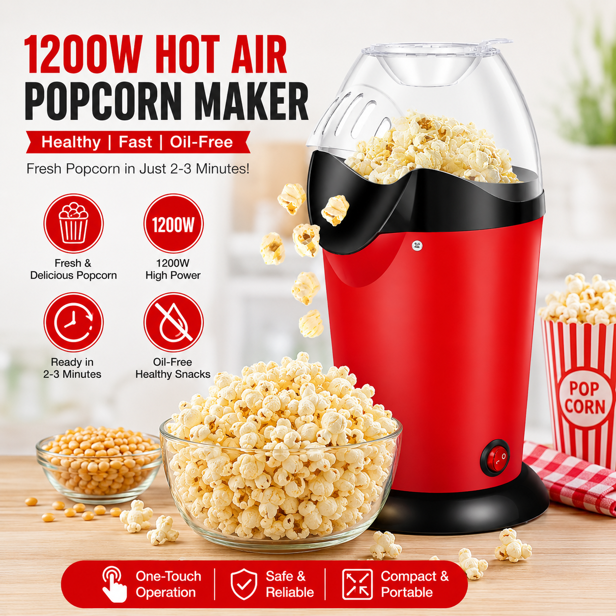 Hot Air Popcorn Maker Machine  Electric Oil Free Popcorn Popper for Home, Quick & Healthy Snack Maker