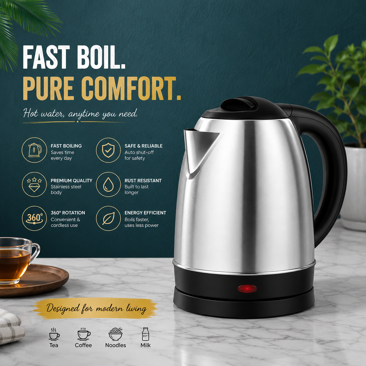 stainless steel electric kettle Silver gray Base Separation Desion Rust resistant Durable for Home Office During Travel